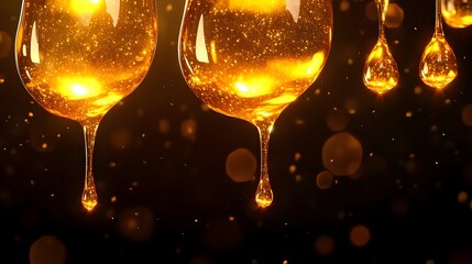 Golden liquid dripping, dark background, bokeh, luxury advert
