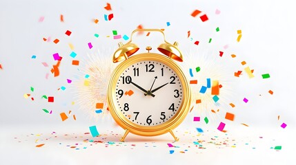 Golden alarm clock, confetti, celebration, studio
