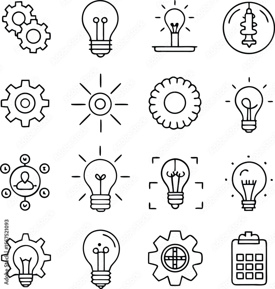 Poster collection of simple line art icons representing ideas innovation teamwork and mechanical processes 