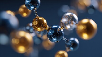 A close-up of a molecular structure model with interconnected shiny gold and silver spheres against a blurred dark background.