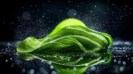 Green leaf, water splash, dark background, reflection, advertising