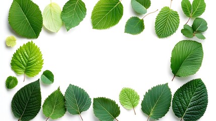Green leaves frame, white background, nature design, spring template