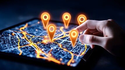 Hand selecting location on digital city map tablet