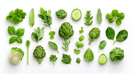 Green vegetables flat lay, studio shot, white background, healthy food recipe