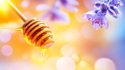 Honey dripping, wooden dipper, spring flowers, bokeh background, food label