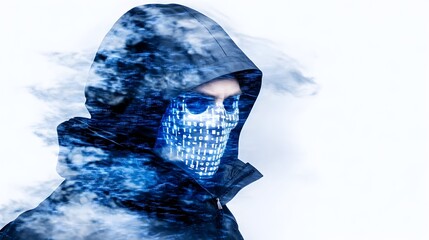 Hooded Figure, Digital Mask, Cloudy Background, Studio Portrait