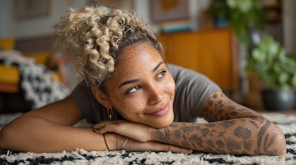 Happy young woman relaxing at home, daydreaming