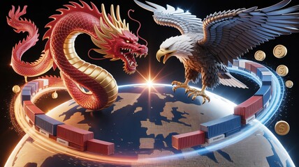 Dragon and Eagle Symbolizing Global Trade and Economic Competition between China and America