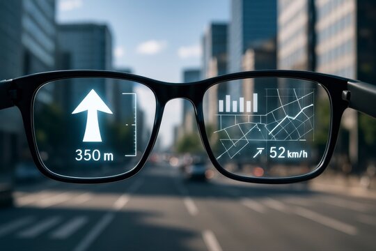 Augmented reality glasses displaying navigation data on city street view