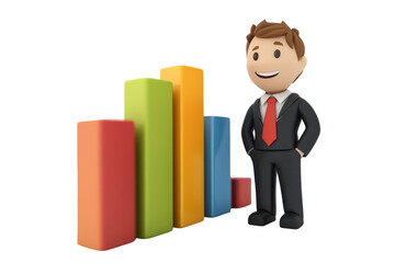Businessman standing next to a rising bar chart 3D RENDER CARTOON CHARACTER ON WHITE BACKGROUND