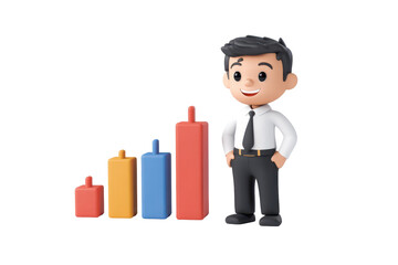 Fototapeta premium Businessman standing next to a rising bar chart 3D RENDER CARTOON CHARACTER ON WHITE BACKGROUND