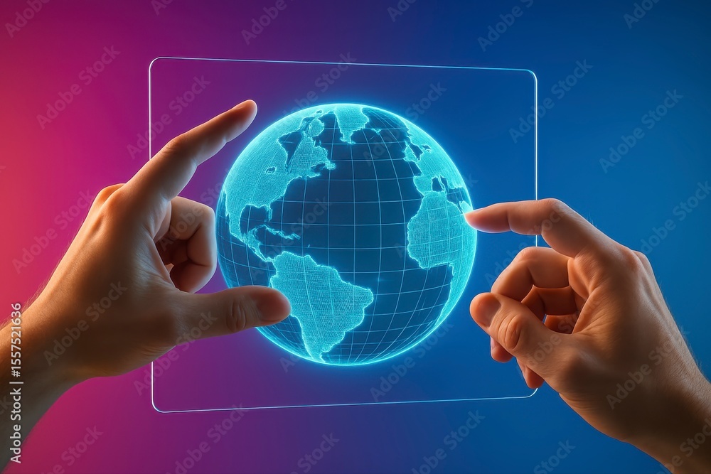 Poster hands interacting with a holographic globe on a transparent display panel