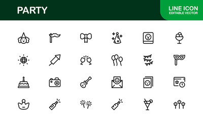 Festive Party Icons Pack in Minimal Line Art Style Showcasing Celebration, Food, Drinks, and Music