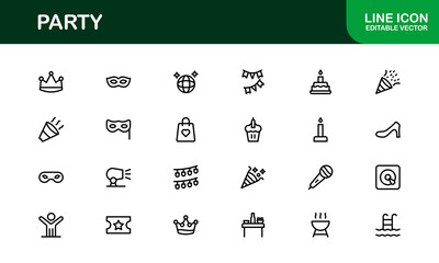 Festive Party Icons Pack in Minimal Line Art Style Showcasing Celebration, Food, Drinks, and Music