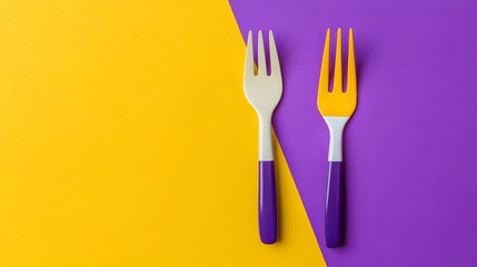 Colorful Plastic Forks on Yellow Purple Background