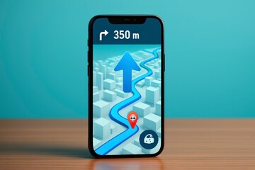 A smartphone displaying a navigation app on a wooden surface indoors