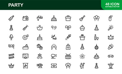Festive Party Icons Pack in Minimal Line Art Style Showcasing Celebration, Food, Drinks, and Music