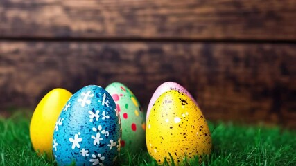 A collection of vividly painted Easter eggs on the grass, ready for the annual Easter egg hunt. - Powered by Adobe