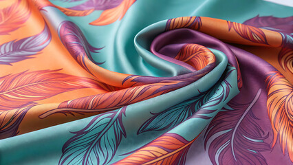 Elegant Silk Scarf Displaying a Beautiful Feather Pattern in Shades of Teal, Orange, and Purple Creating a Swirling Design