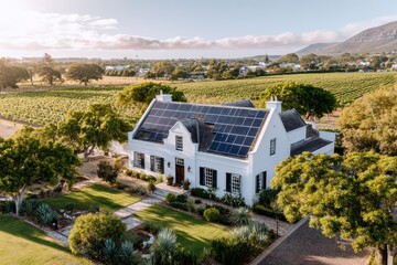 Cape Dutch style house in Stellenbosch, South Africa with black solar panels on white gable roof