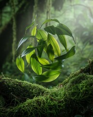 Floating Green Leaves in a Mystical Forest with Lush Moss