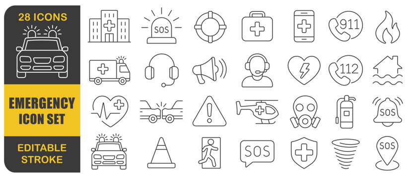 Emergency editable stroke line icon set. Simple minimal thin Emergency line icons collection. Related SOS, safety, alarm, ambulance, hospital warning. Vector illustration. Isolated on white background