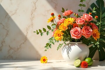 Elegant seasonal flatlay still lifes with white or natural vases on left or right, branding, and digital design. Mockup for workspace concept.