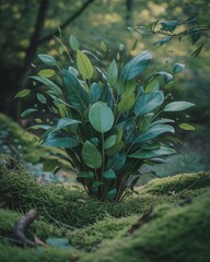 Lush Green Plant Growing in a Mossy Forest Background