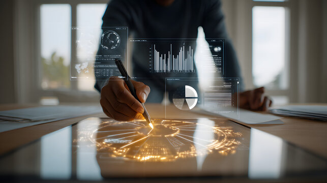 Person interacting with futuristic holographic data displays isolated on a transparent background technology