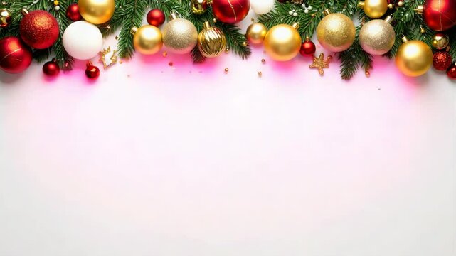 Christmas border of colorful ornaments, fir branches, and string lights on white background.
