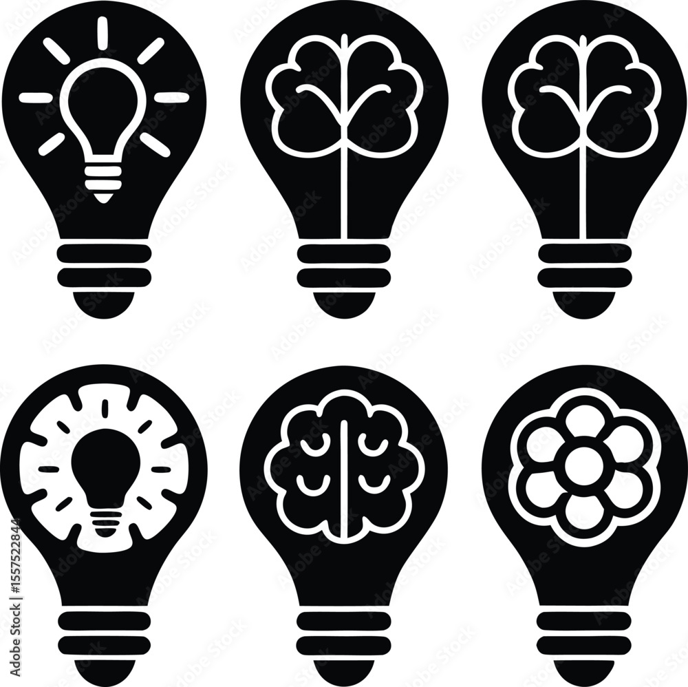 Poster collection of six stylized light bulb icons representing different concepts of innovation creativity