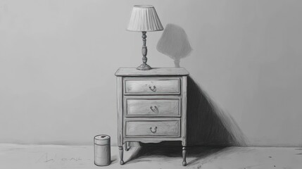 Gray, still life; lamp, chest of drawers