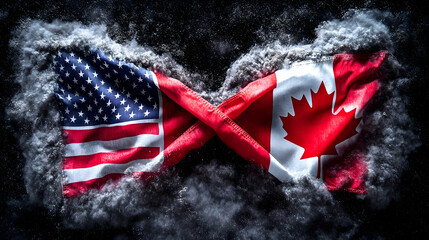 US-Canada flags intertwined, smoke, dark, partnership, graphic