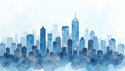 Abstract watercolor cityscape painting with ethereal blue urban buildings silhouette