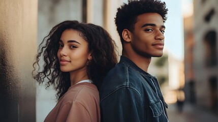 young couple standing back to back, casual fashion, bright natural lighting, outdoor urban setting 
