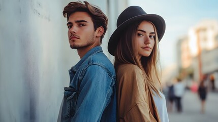 young couple standing back to back, casual fashion, bright natural lighting, outdoor urban setting 
