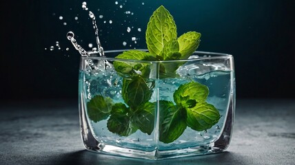 Refreshing Mint Leaves in Sparkling Water Splash in Modern Glass