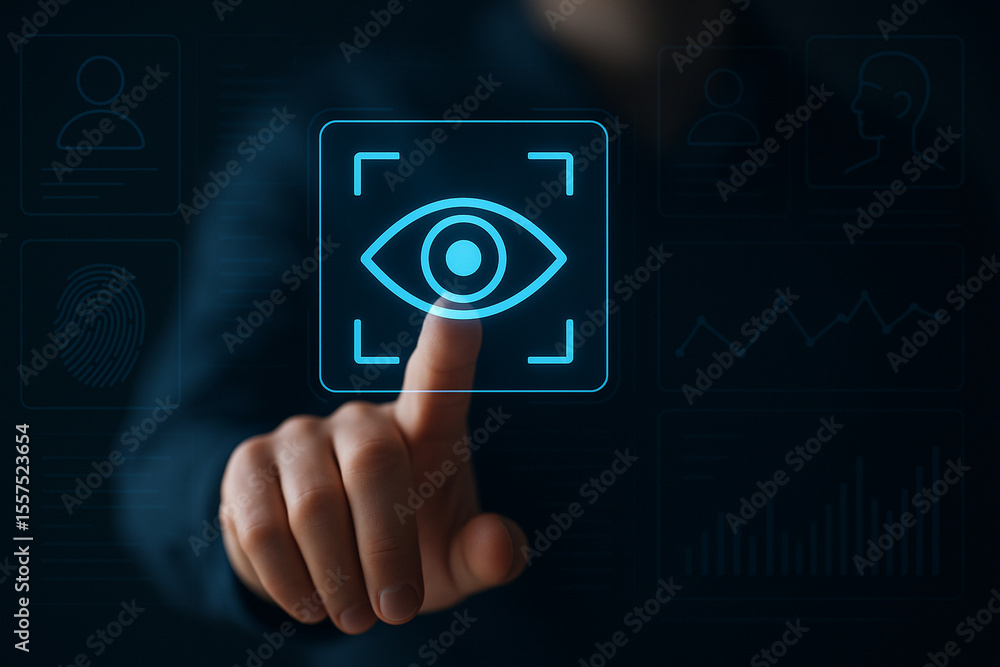 Poster high-resolution biometric eye scan finger touch interface for identity verification, security authen