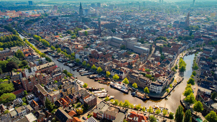 Aerial panorama view of the city Groningen in the Netherlands on a sunny morning in summer
