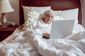 Old woman using laptop for video calling to doctor, online medicine and health care.