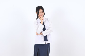 Asian student girl in school uniform hold chin with hands isolated on white background