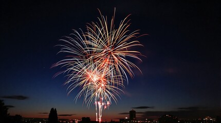 Spectacular Colorful Fireworks Exploding in the Night Sky Over a City Horizon