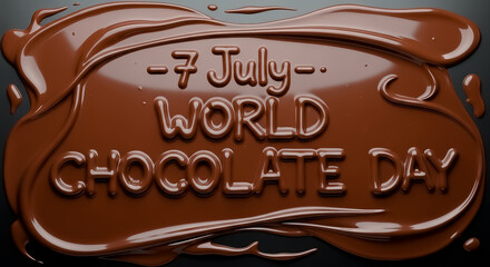 background showing a thick, glossy layer of melted chocolate sauce spread over a flat dark surface. The word "WORLD CHOCOLATE DAY" is written artistically into the thick melted layer