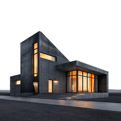 Minimalist black concrete home with geometric windows