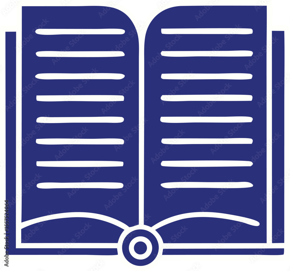 Poster a stylized open book with white lines representing pages against a textured dark blue background sym