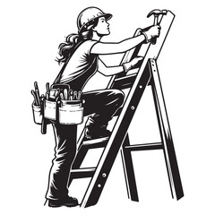 Female construction worker climbing ladder with helmet and tools vector illustration