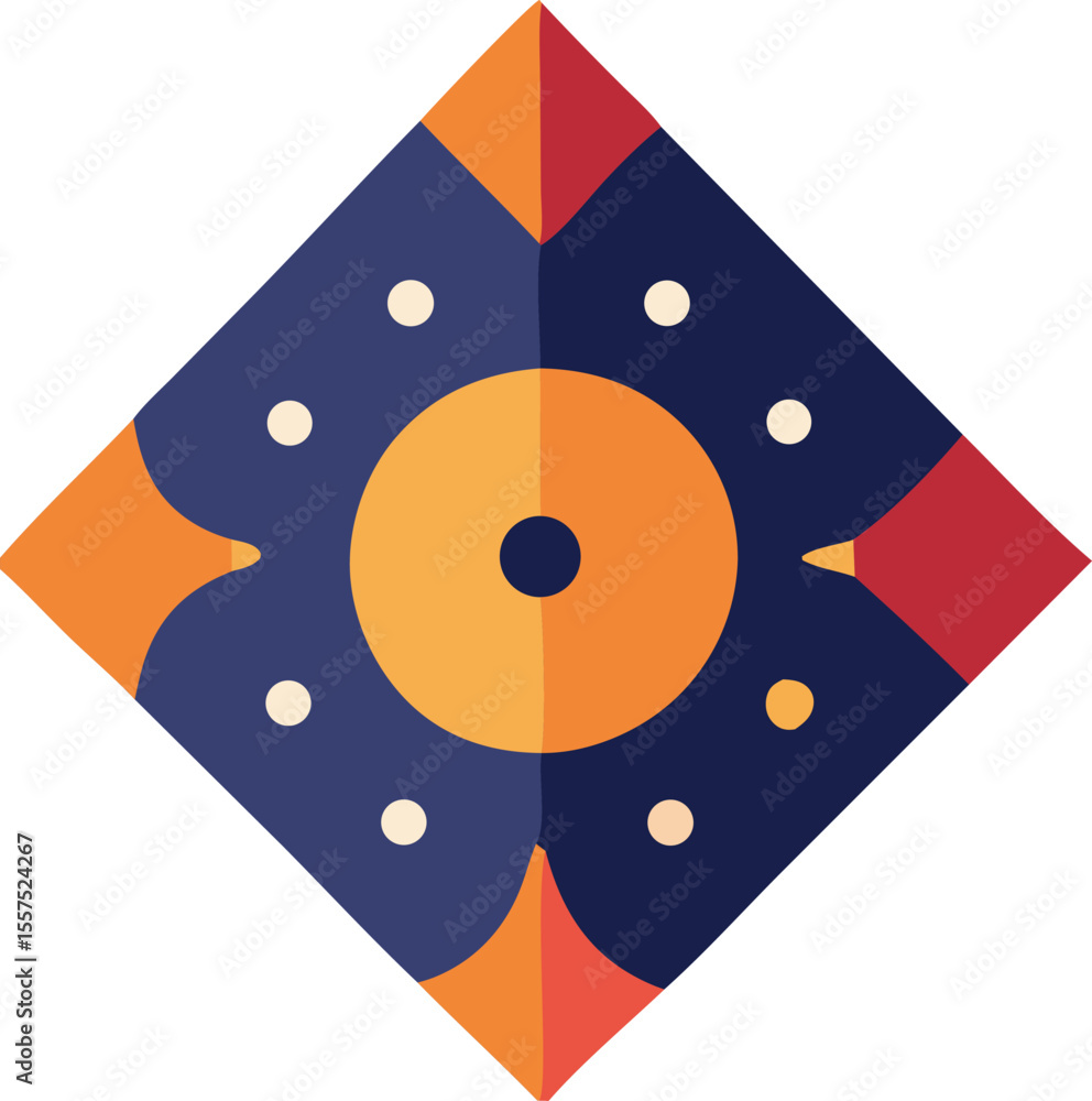 Poster abstract geometric diamond shape with a central circular motif and scattered dots in warm and cool c