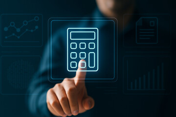 Modern Business Technology Concept with Finger Pressing Digital Calculator Icon and Data Analytics Graphics for Financial and Accounting Applications