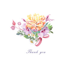bouquet of peonies and hibiscus watercolor hand drawn thank you card
