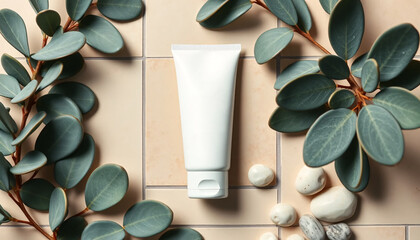 Skincare tube framed by serene foliage